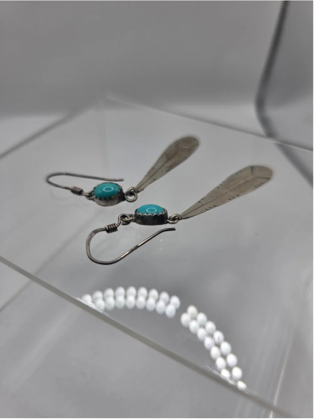 Vintage Sterling Silver Feather Turquoise Dangle Earrings